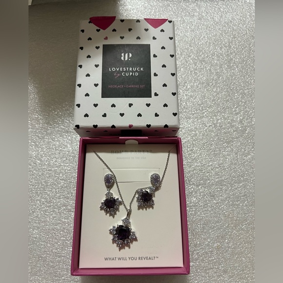 Bomb Party brand Rhodium Plated with Amethyst CZ set of earrings and necklace - Picture 1 of 11